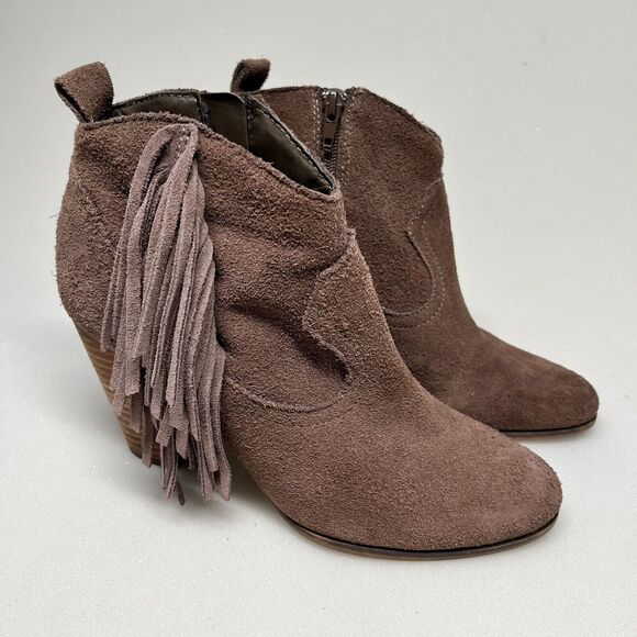 Steve Madden Ohio Brown Suede Boots Women 7.5 Zip Leather Fringe Ankle Booties - Picture 1 of 11